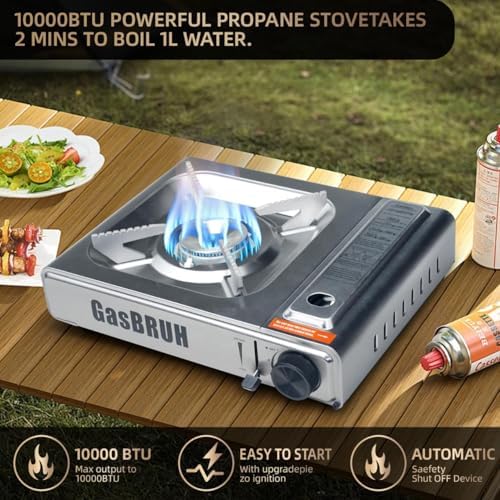GasBRUH Propane or Butane Camping Stove with Windblocker, Dual Fuel 10,000 BTU Stainess Steel Propane Stove for Camping(TANK not included)