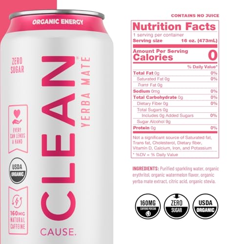 CLEAN Cause Zero Sugar Yerba Mate Organic Energy Orange Ginger, 12Pack 16oz