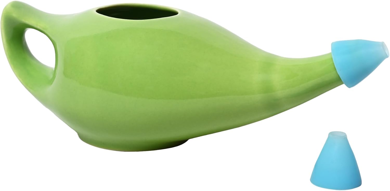 HealthGoodsIn Ceramic Neti Pot, Dishwasher Safe, Premium Handcrafted with 2 Silicone Nozzle and Salt for Sinus - 225 Ml. Capacity (Brown)