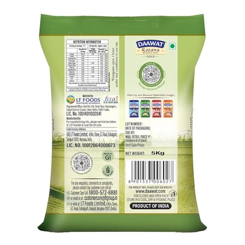 Daawat Rozana Gold Basmati Rice | Naturally Aged Long-Grain Rice | Fluffy & Non-Sticky | Ideal for Everyday Meals, 1 kg (2.2 lb)
