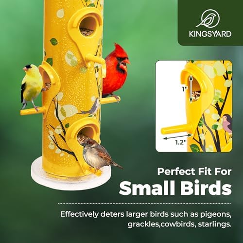Kingsyard Metal Bird Feeders for Outdoors Hanging, Tube Bird Feeder | 14 in, 6 Feeding Ports, drainage holes, 2 lbs Seed Capacity, Weatherproof, Stays Dry & Fresh, Easy to Clean & Refill, Yellow