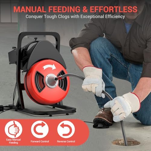50FTx1/2 Inch Drain Cleaner Machine with Wheels, Sewer Snake Electric Drain for 2" to 4" Pipes