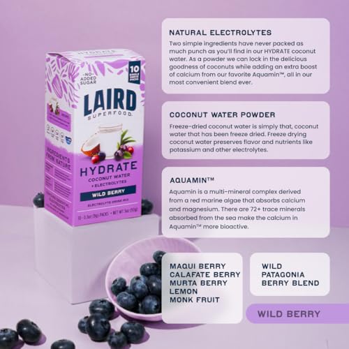 Laird Superfood HYDRATE Coconut Water Powder Drink Supplement with Coconut Water and Auqamin, All Natural, No Added Sugars, Gluten-Free, Non-GMO, Vegan, 8 oz. Bag, Pack of 1