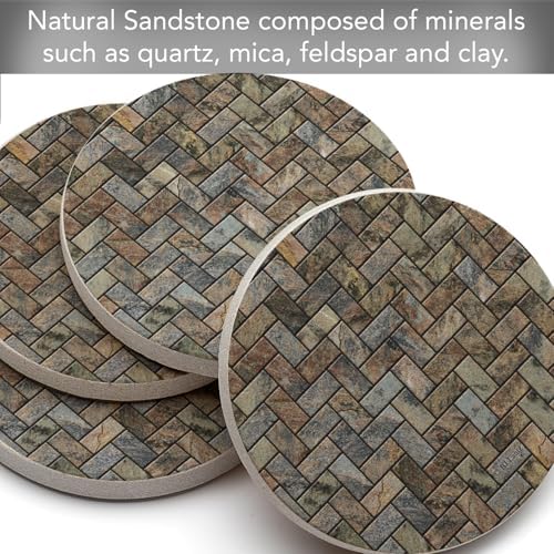 Thirstystone Herringbone Pattern Natural Sandstone Coaster 4 Pack | Eco-Friendly, Absorbent, Easily Wipes Clean
