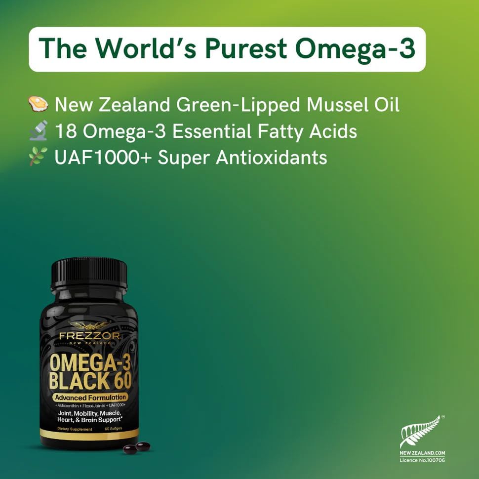 FREZZOR Omega 3 Black for Joint Care & Comfort - New Zealand Green Lipped Mussel Oil Capsules, 53x Higher Potency with UAF1000+ Super Antioxidant