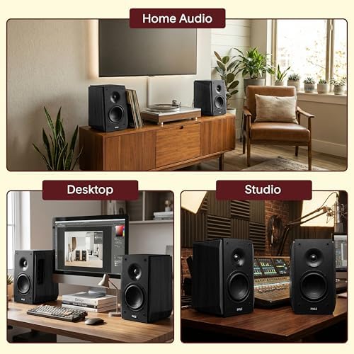 Pyle Powered Bookshelf Speaker System with Bluetooth, 80W Active Stereo Speakers, Bass Reflex Natural Wood Cabinet, Hi Def ARC, Optical, Coax, Subwoofer Out, for Entertainment, Studio (Pair)