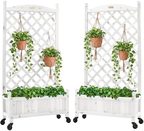 Best Choice Products Set of 2 48in Wood Planter Box & Diamond Lattice Trellis, Mobile Outdoor Raised Garden Bed for Climbing Plants w/Drainage Holes