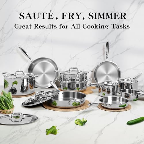 EWFEN Stainless Steel Cookware Set, 3 Ply 17 Piece Stainless Steel Pot and Pan Set, Oven Dishwasher Safe | Induction Compatible Frying Pans, Saucepans