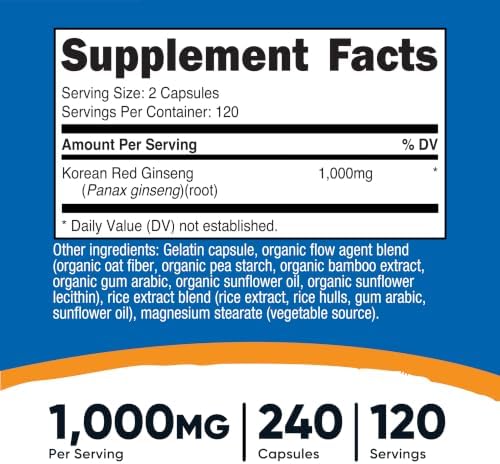 Nutricost Korean Ginseng 1000mg Per Serving, 240 Capsules, 120 Servings | 500 mg Per Capsule, Korean Panax Red Ginseng, Gluten-Free & GMO-Free