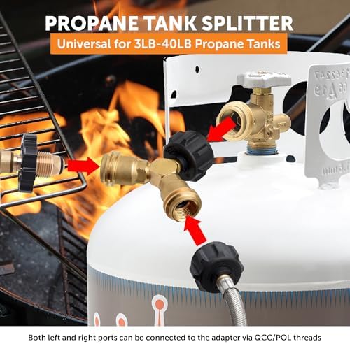 Flame King Propane Tank Y Splitter Adapter with Valves, 2-Way LP Gas Connector for 20lb Propane Tank Cylinders, Works with BBQ Grills, Camping Stoves