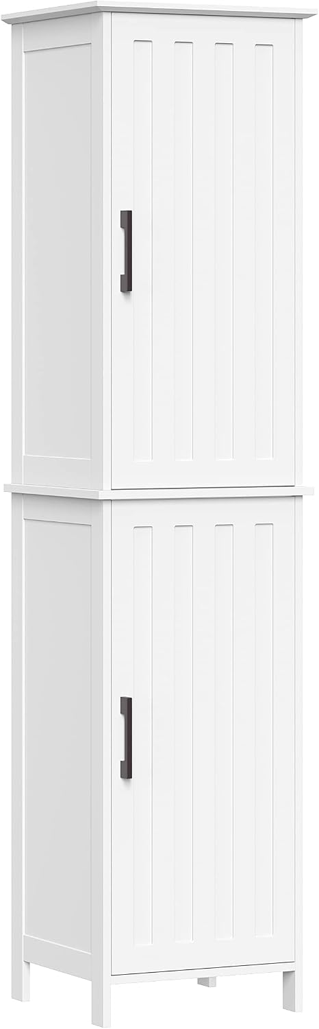 RiverRidge Monroe Tall 2-Door Bathroom Linen Cabinet, White | Soft Close Hinges, Adjustable Shelves, Matte Black Handles, Modern Farmhouse Style