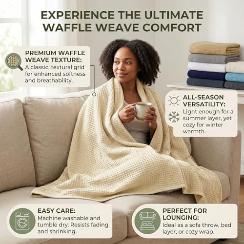 Tex Trend 100% Cotton Waffle Weave Blanket Queen Size - Soft, Breathable Cooling Blanket for Bed, Lightweight Cozy Summer & Spring Bedding, Grey, 90x90
