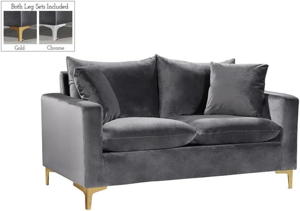 Meridian Furniture Naomi Collection Modern | Contemporary Grey Velvet Upholstered Loveseat with Stainless Steel Base in a Rich Gold or Chrome Finish, 633Grey-L