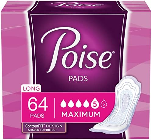 Poise Incontinence Pads, Maximum Absorbency, Long, 64 Count (Pack of 1)
