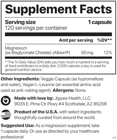 Jigsaw Health MagPure Glycinate | Premium Magnesium Glycinate Capsules | 120 Servings