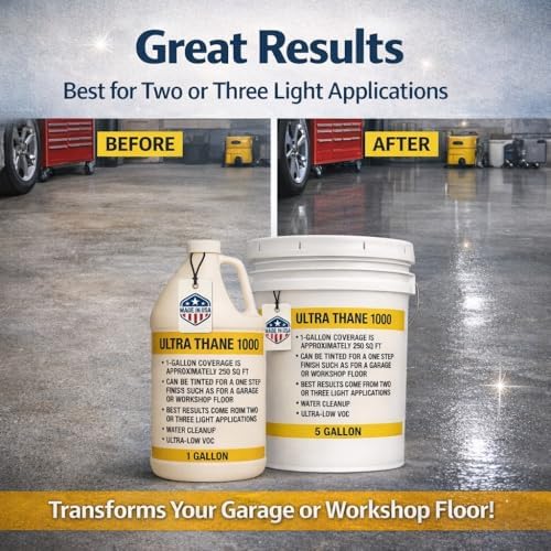 Ultra Thane 1000 Single Component Polyurethane Concrete Floor Sealer –UV & Stain-Resistant Aliphatic Urethane – Clear Protective Finish for Concrete, Overlays & Microtoppings - 5 Gallon
