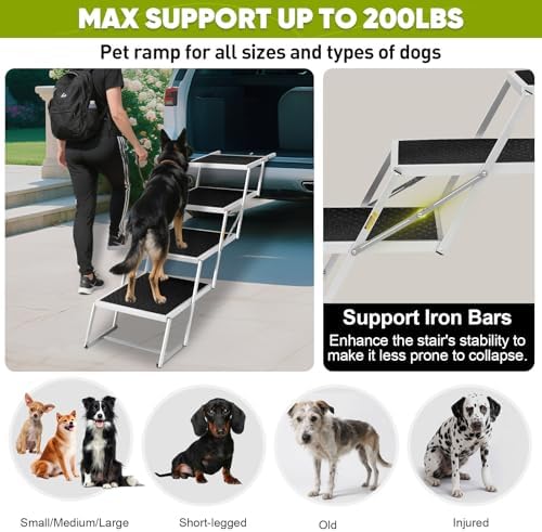 Dog Stairs for Car, Extra Wide Dog Stairs for Large Dogs, Foldable Dog Ramp for Car, Pet Steps Light Weight Aluminum, High Beds, for SUV Trucks
