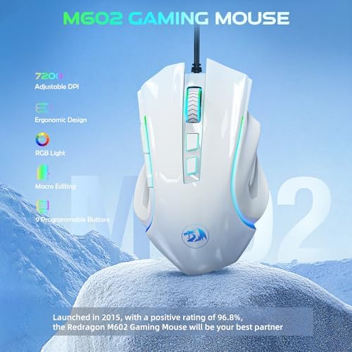 Redragon M602 Gaming Mouse, Ergonomic RGB Gaming Mouse Wired with 7200 Adjustable DPI, 9 Programmable Buttons, Professional Software for Gamer Office [Black]