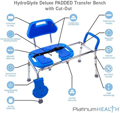Sliding Shower Chair for Inside Tub Bench for Seniors, BathSeat for Elderly | Slide Safely In & Out of the Tub - Blue, padded seat, aluminum frame