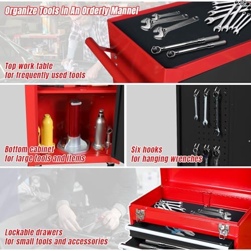 Road DAWG ATBT1204D-Red Torin Rolling Garage Workshop Tool Organizer: Detachable 4 Drawer Tool Chest with Large Storage Cabinet and Adjustable Shelf