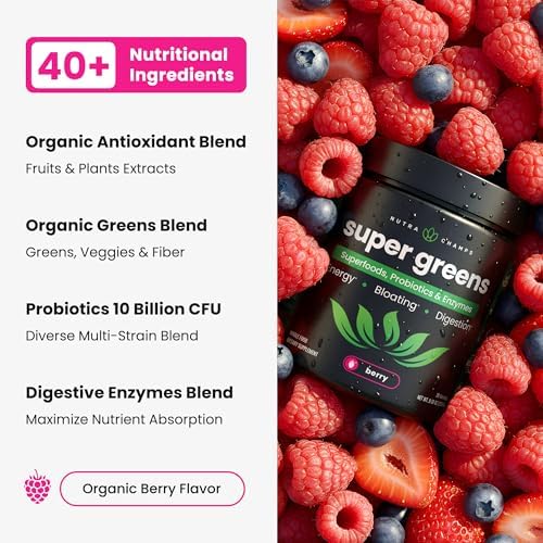 SuperGreens Powder, 40+ Organic Superfoods, Probiotics & Enzymes for Energy, Digestion, Gut Health & Bloating | Organic Fruit & Veggie Drink Mix