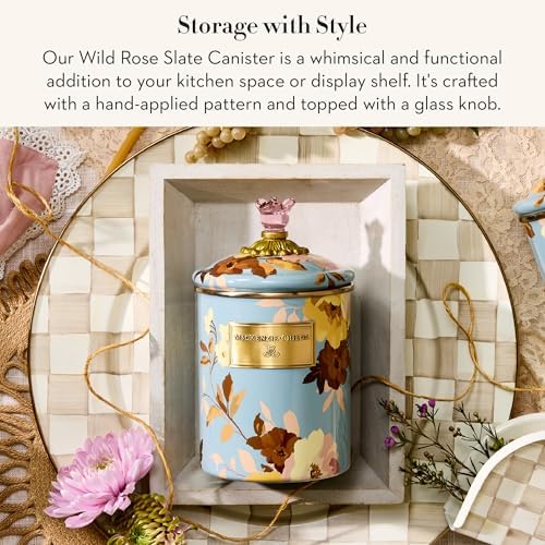 MACKENZIE-CHILDS Enamel Canister, Medium, White Butterfly Garden | Hand-applied design, made from enameled steel, versatile kitchen storage container for flour and sugar, 48-ounce capacity