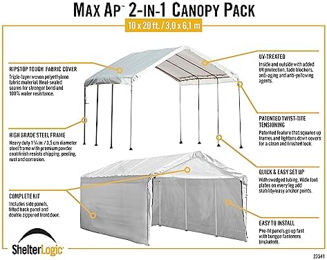 ShelterLogic 10' x 10' MaxAP Canopy Series Compact Outdoor Easy to Assemble Steel Metal Frame Canopy with 50+ UPF Sun Protection and Waterproof Cover, White, 23521