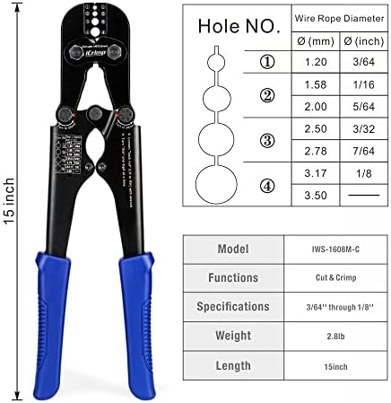 iCrimp Wire Rope Crimping Tool for Aluminum Loop Sleeve, Two Barrel Ferrule, Oval Sleeves, 3/64 in to 1/8 in, Swaging Tool Kit with Wire Rope Cutter