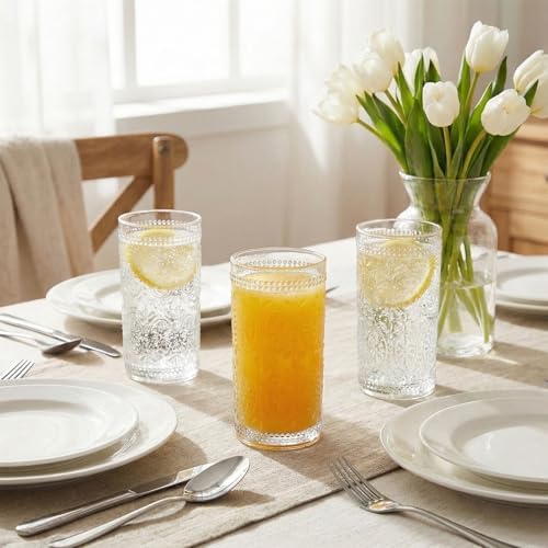 Bekith 6 Pack Romantic Drinking Glasses, 12 oz Highball Glasses, Thick Water Glasses, Tall Glass Cups for Beverages, Beer, Cocktail