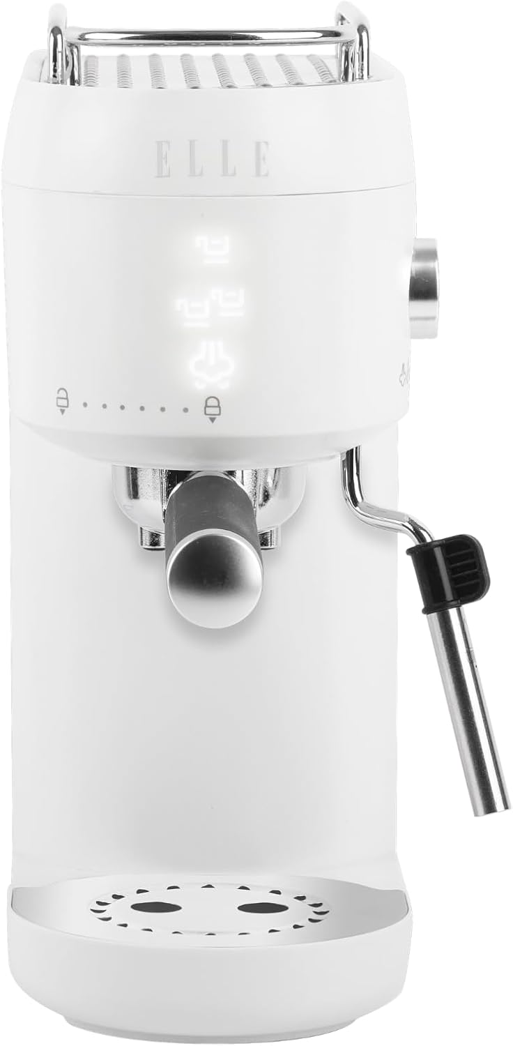 ELLE 1L Espresso Maker Latte and Cappuccino Maker with 20 Bar Pump Pressure and Illuminated Touch Button with Milk Frothing System and Cup Warmer 1400W White