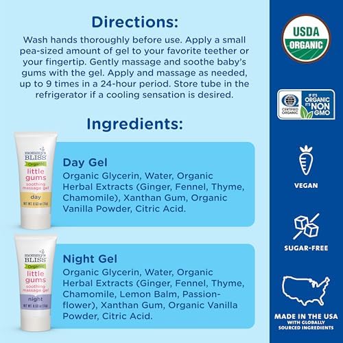 Mommy's Bliss Organic Little Gums Soothing Massage Gel Day and Night Combo, Great for Teething Babies, Age 2 Months+, Sugar Free, Mild & Sweet Flavor