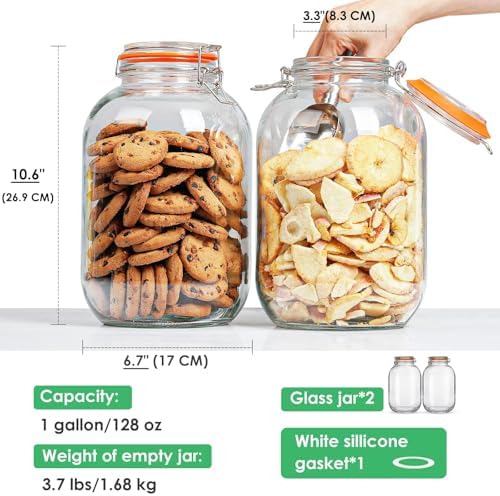 1 Gallon Glass Mason Jar with Airtight Lids, 2 Pack Wide Mouth Storage Jars