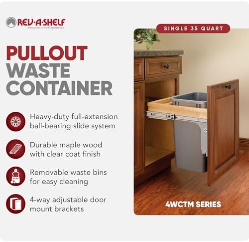 Rev-A-Shelf Top Mount Single Pullout Under Cabinet 35 Quart Kitchen Trash Can w/Storage & Reduced Depth, 150 Pound Rated Full-Extension Slides