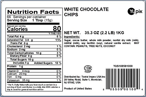 Yupik White Chocolate Chips, 2.2 lb (35.2 oz), Gluten-Free, Kosher, Small Size, Made with Cocoa Butter, Sweet Flavor, Melts Smoothly, Ideal for Baking, Snacking & Topping