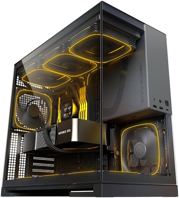 Geometric Future M5 Tempered Glass Mid Tower, E-ATX/ATX Gaming Case, 1.2mm Steel, Type C, Toolless Panels, Support 420/360 Radiator, ARGB PWM 140m Fan x 5 Pre-Installed, Black/Yellow, GEO-M5F-BY