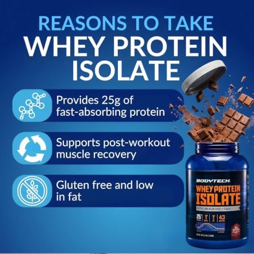 BodyTech Whey Protein Isolate Powder, Rich Chocolate, 3 LB, 43 Servings | 24G per Serving