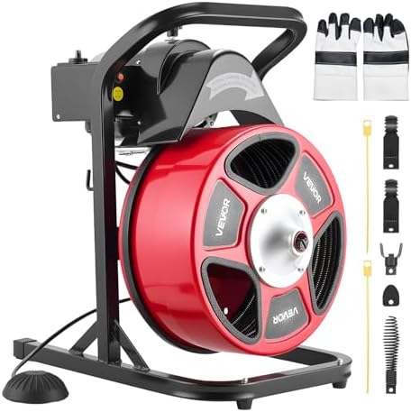 VEVOR Drain Cleaner Machine 50 FT x 1/2 Inch, Manual Feed Sewer Snake Auger with 4 Cutters & Air-Activated Foot Switch for 2" to 6" Pipes