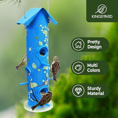 Kingsyard Metal Bird Feeders for Outdoors Hanging, Tube Bird Feeder | 14 in, 6 Feeding Ports, drainage holes, 2 lbs Seed Capacity, Weatherproof, Stays Dry & Fresh, Easy to Clean & Refill, Yellow