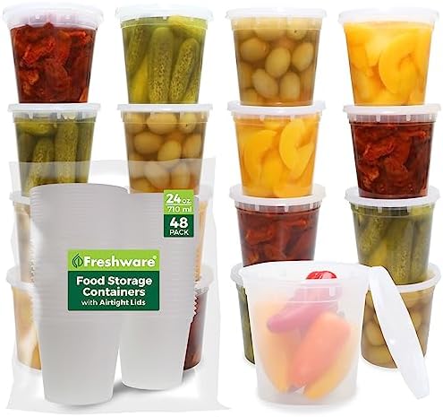 Freshware Food Storage Containers [24 Set] 32 oz Plastic Deli Containers with Lids, Slime, Soup, Meal Prep Containers | BPA Free | Stackable | Leakproof | Microwave/Dishwasher/Freezer Safe