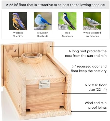 WHITEHORSE Bluebird House - Weatherproof Bird House for Outdoors - Cedar Birdhouse Built to NABS Specs - Nest Box for Bluebirds, Chickadees, Titmice