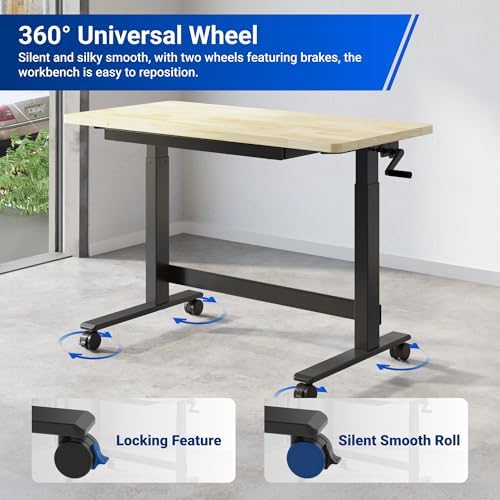 FLEXIMOUNTS 47.2" x 23.6" Adjustable Height Workbench, Hand Crank | Rubberwood Top, Heavy-Duty Steel Frame, Drawers And 360° Wheels
