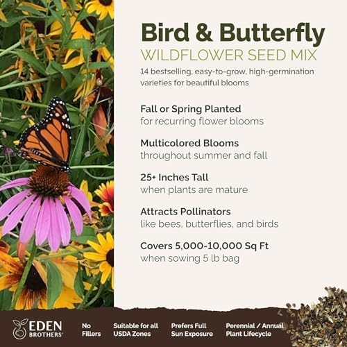 Eden Brothers The Bees Knees Pollinator Wildflower Seed Mix, 1/4 lb (135,000+ Seeds) Throw and Grow - 100% Pure, No Fillers - 18-Variety Non-GMO Annual + Perennial, Covers up to 1,100 SqFt, Zones 3-10