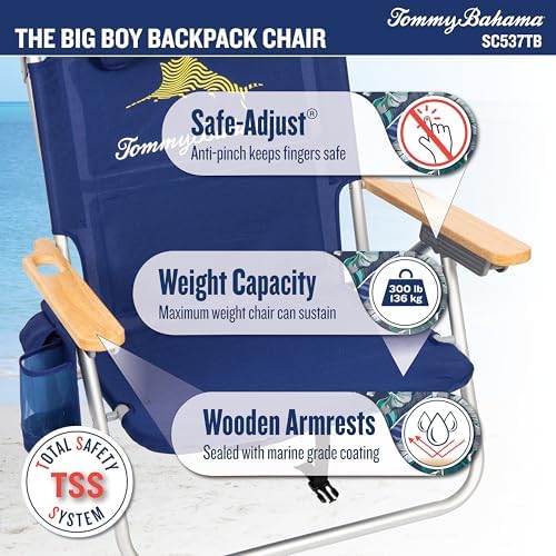 Tommy Bahama Wide Seat Big Boy 4-Position Folding 13" High Seat Backpack Beach or Camping Chair, Navy
