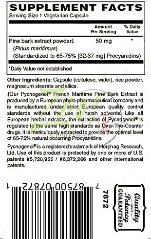 Pycnogenol 50mg - Standardized French Maritime Pine Bark Extract for Antioxidant & Inflammation Support - Non-GMO, Gluten & Soy Free 60-Vegcaps