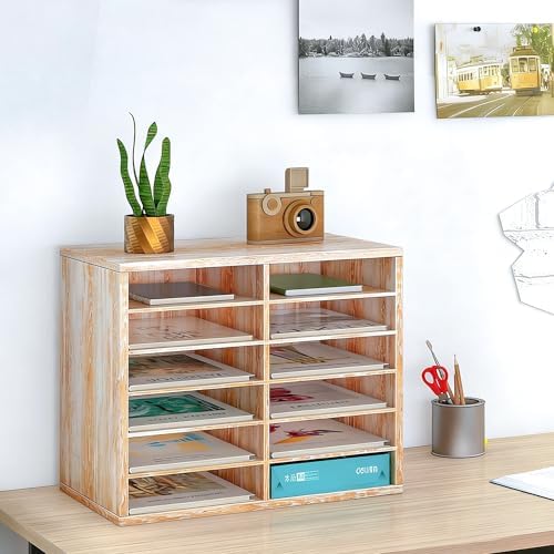 TQVAI Wood Literature Organizer, 27 Slots Hold 13500 Sheets A4 Papers, Wooden Desk File Paper Storage Organizer with Adjustable Shelves