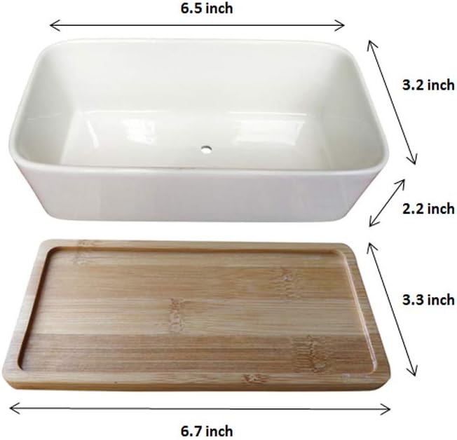 LANKER 6.5 Inch Rectangle White Ceramic Succulent Planter Pot with Bamboo Tray