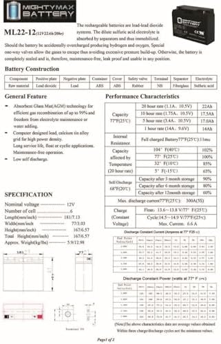 Mighty Max Battery ML22-12 - 12V 22AH UPS Battery Replaces Enduring 6FM22, 6-FM-22