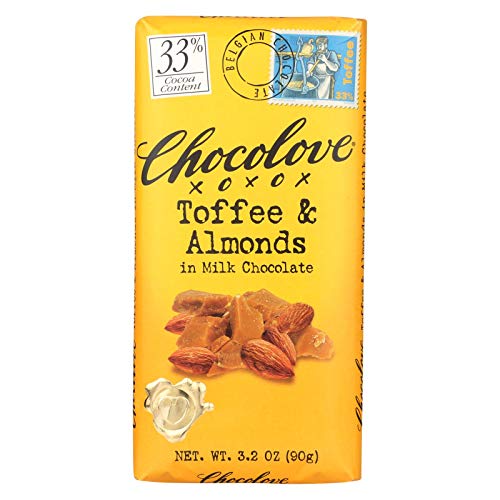 Chocolove Xoxox Premium Chocolate Bar - Milk Chocolate - Toffee and Almonds - 3.2 oz Bars - Case of 12