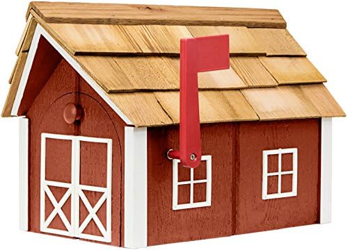 Amish-Made Deluxe Post Mount Wooden Mailbox with Cedar Shingles (Chestnut with White Trim)