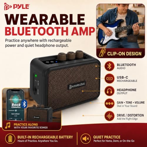 Pyle Electric Guitar and Amp Kit - Full Size 39" Complete Starter Kit with Wearable Bluetooth Amplifier, 1/4” Cable, Carry Case, Strap, Strings, Picks, Cleaning Cloth, ST-Style Pickups (Black)